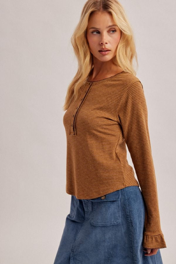 Lace Edge Pinstripe Henley Top - Olive Brown