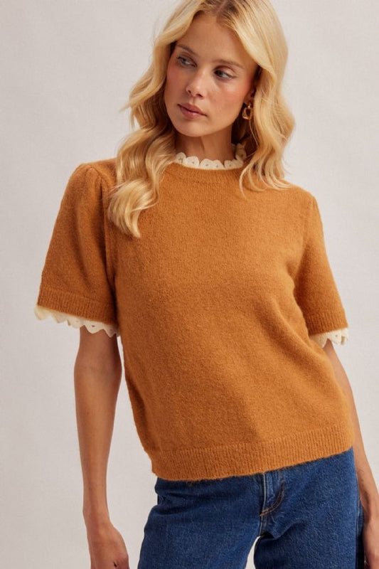 Lace-Edge Lightweight Half-Sleeve Sweater