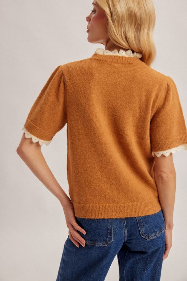 Lace-Edge Lightweight Half-Sleeve Sweater