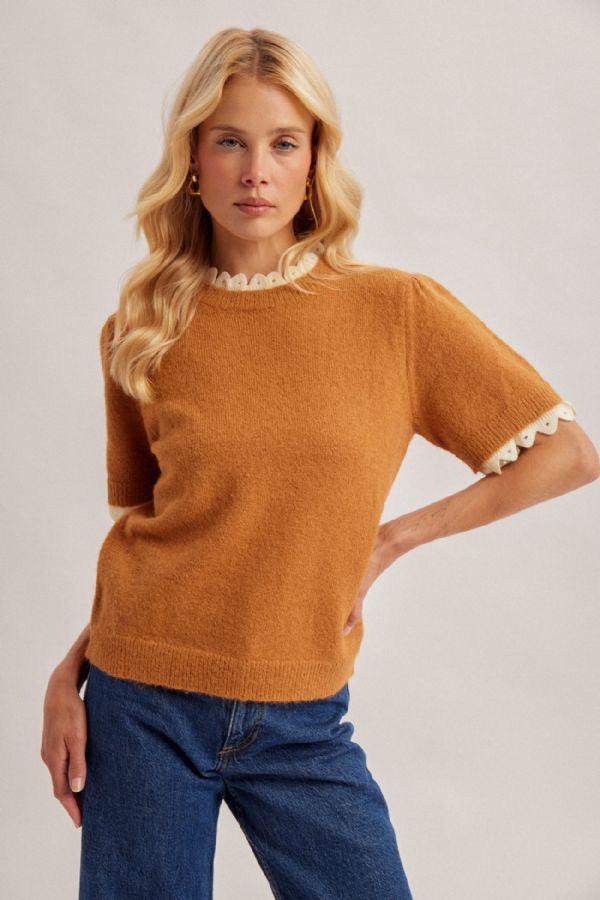 Lace-Edge Lightweight Half-Sleeve Sweater