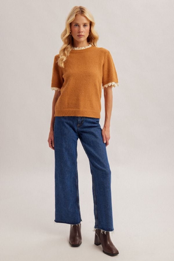 Lace-Edge Lightweight Half-Sleeve Sweater
