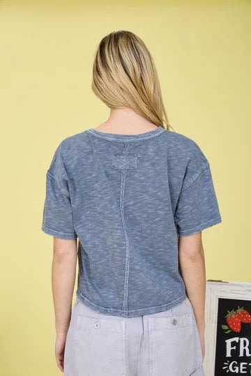 Raw Edge Exposed Seam Short Sleeve Knit Crop Top, Ash Blue