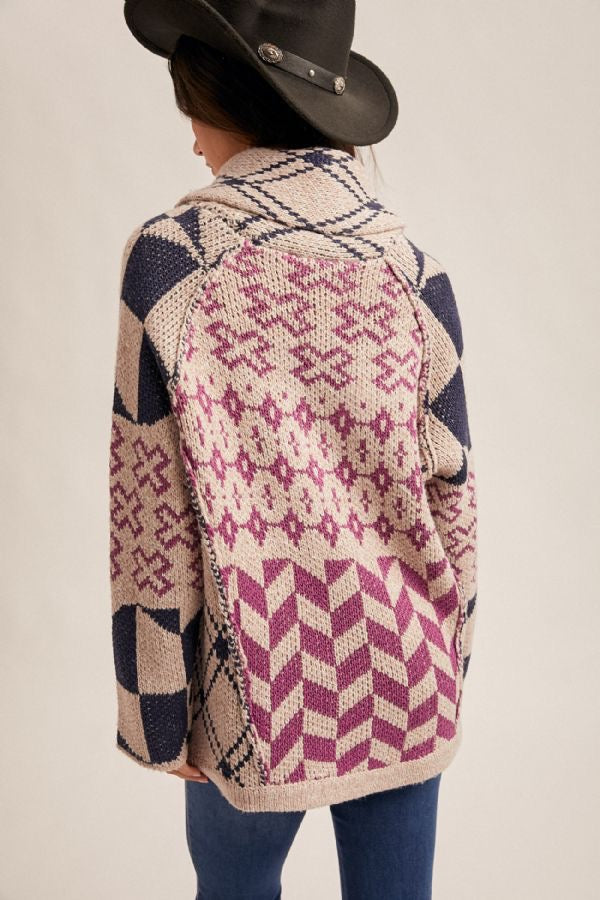 Speckled Yarn Contrast Edge Button-Down Cardigan - Grape