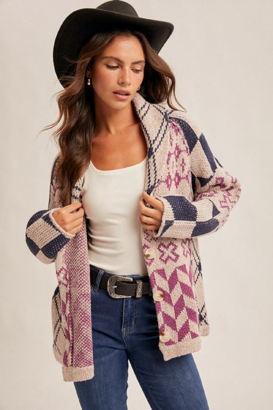 Speckled Yarn Contrast Edge Button-Down Cardigan - Grape