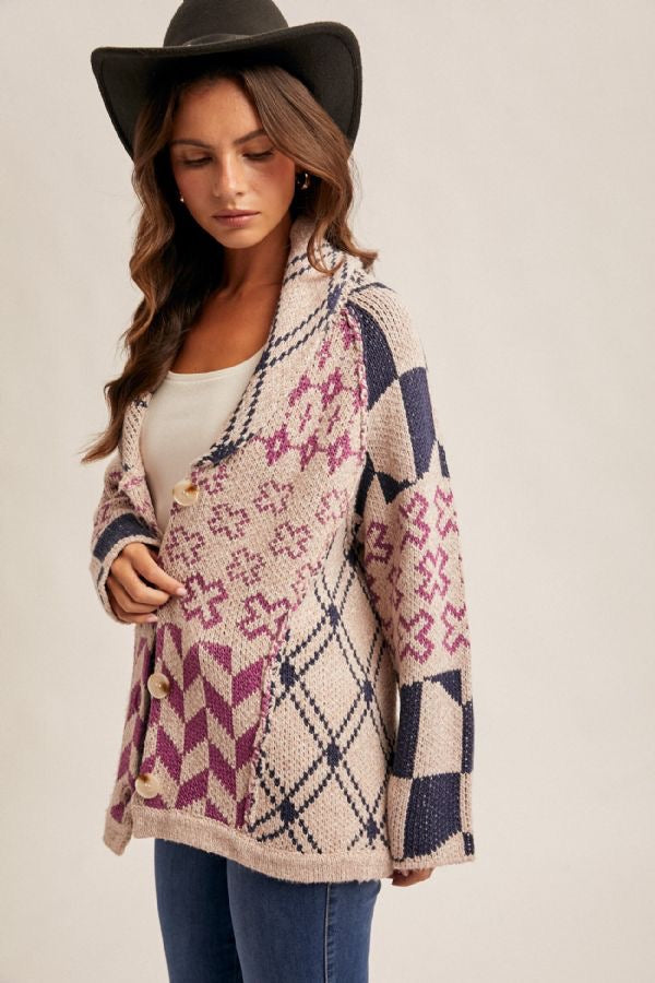 Speckled Yarn Contrast Edge Button-Down Cardigan - Grape