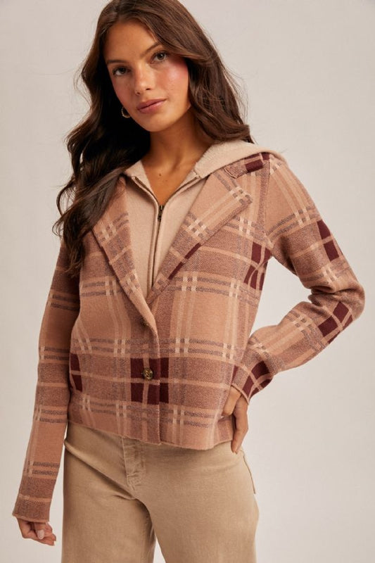Plaid Print Two-Fer Sweater Jacket - Eggplant/Taupe