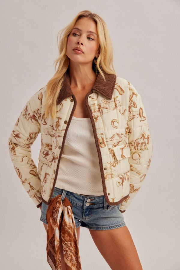 Ecru Western Cowboy Corduroy Padded Jacket