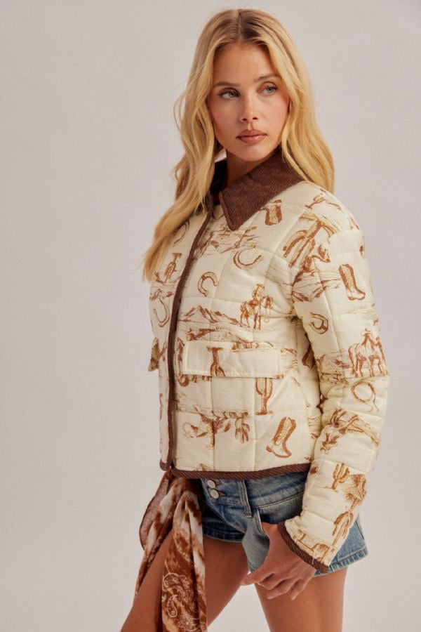 Ecru Western Cowboy Corduroy Padded Jacket
