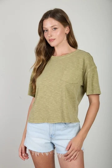Raw Edge Exposed Seam Short Sleeve Knit Crop Top, Light Olive