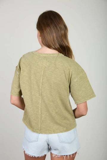 Raw Edge Exposed Seam Short Sleeve Knit Crop Top, Light Olive