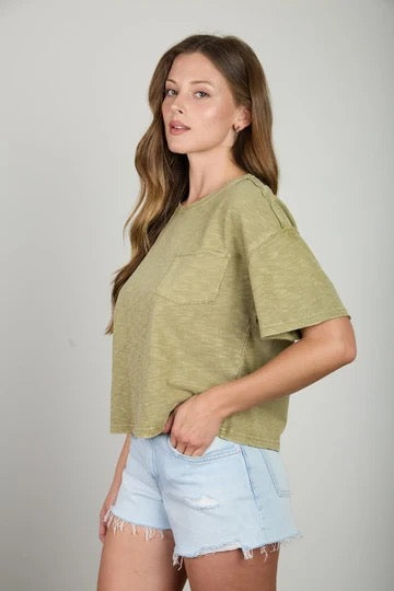 Raw Edge Exposed Seam Short Sleeve Knit Crop Top, Light Olive