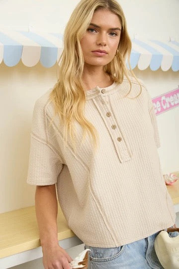 Textured Knit Short Sleeve Henley Knit Top, Khaki
