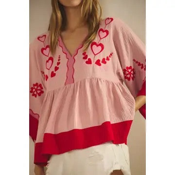Oddi Embroidered Heart Babydoll Top