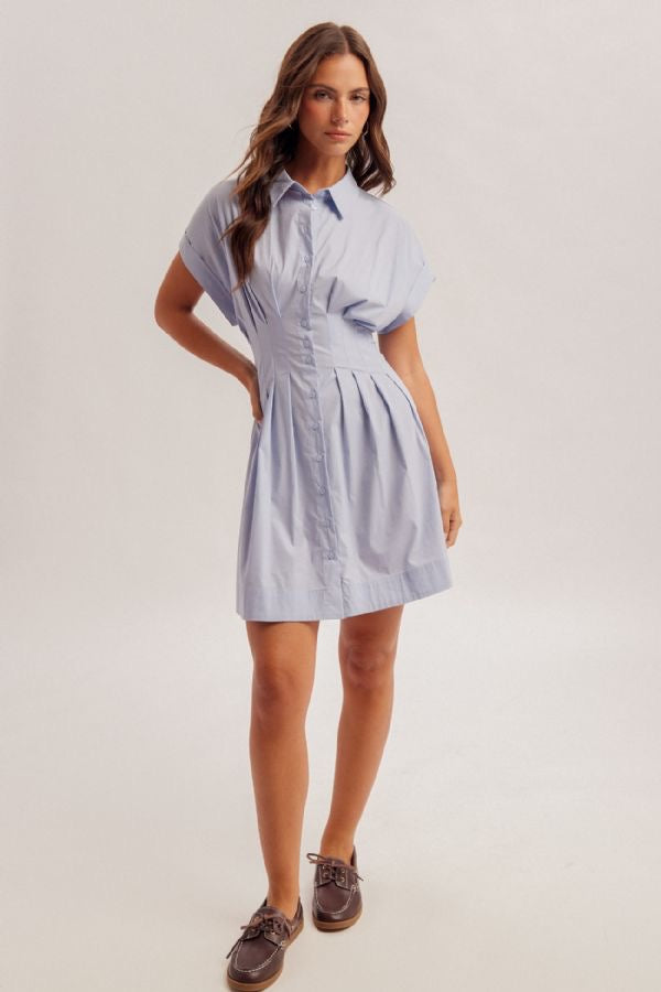 Pleated Detail Stretch Poplin Shirt Dress