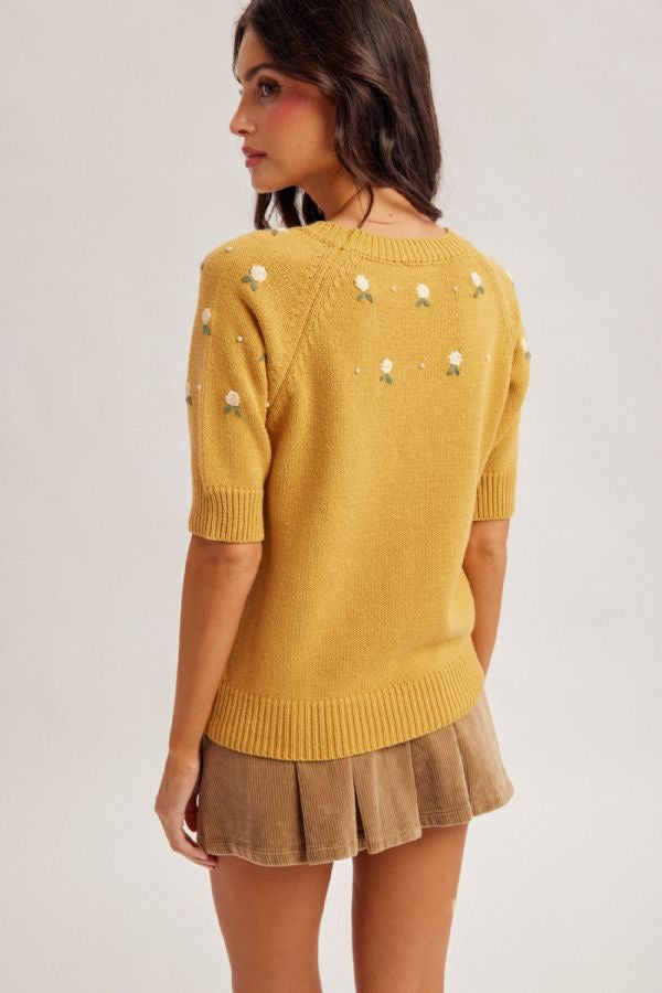 Floral Embroidered Pearl Embellished Short Sleeve Sweater Top
