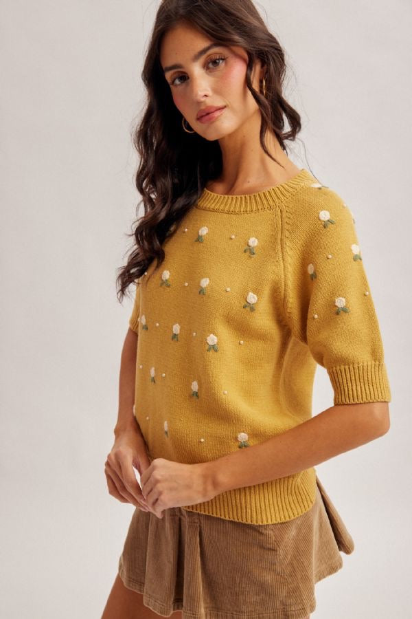 Floral Embroidered Pearl Embellished Short Sleeve Sweater Top