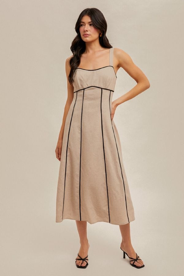 Contrast Binding Detail Linen-Blend Midi Dress
