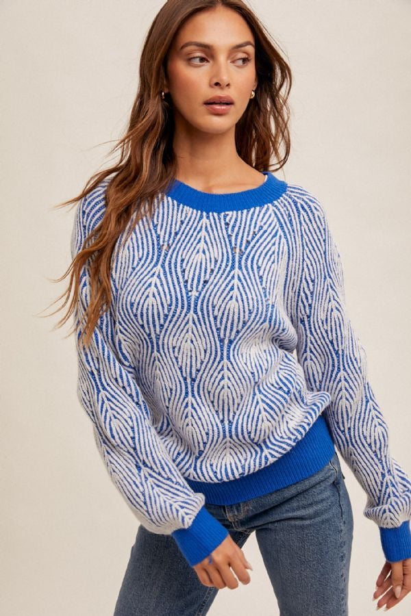 Crew Neck Two-Tone Sweater - Royal Blue