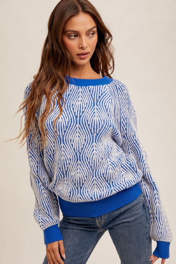 Crew Neck Two-Tone Sweater - Royal Blue