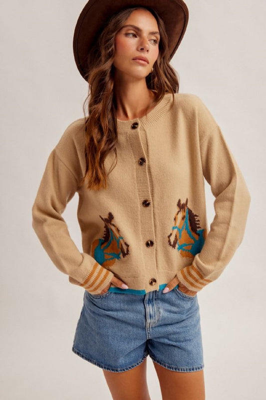 Horse Oversized Button-Down Cardigan - Latte