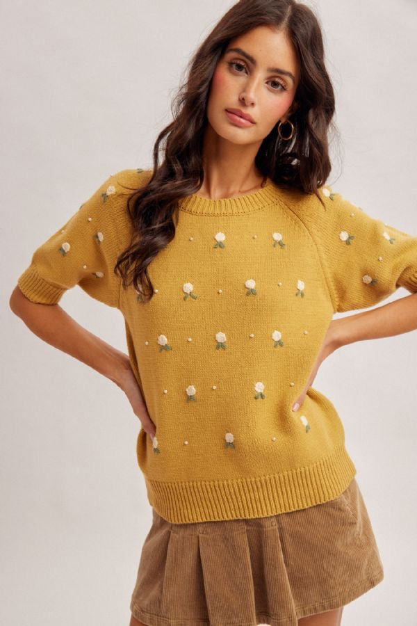 Floral Embroidered Pearl Embellished Short Sleeve Sweater Top
