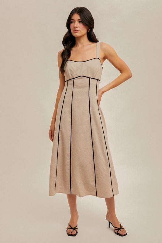 Contrast Binding Detail Linen-Blend Midi Dress