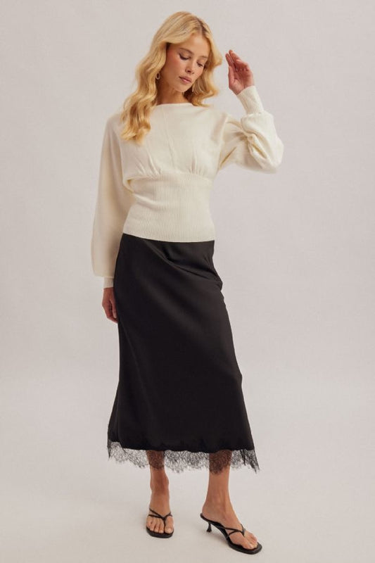 Elasticated Waist Lace Hem Detail Satin Midi Skirt