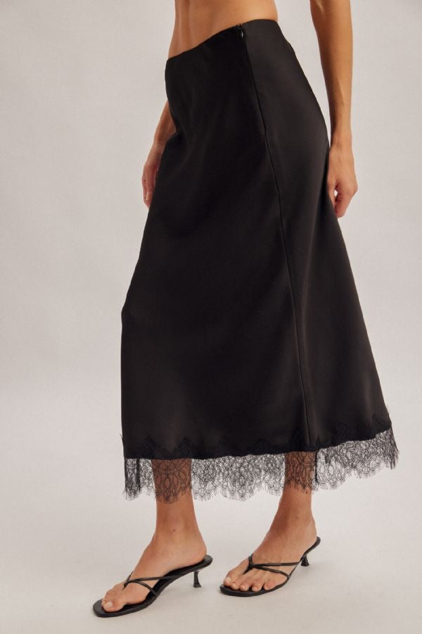 Elasticated Waist Lace Hem Detail Satin Midi Skirt