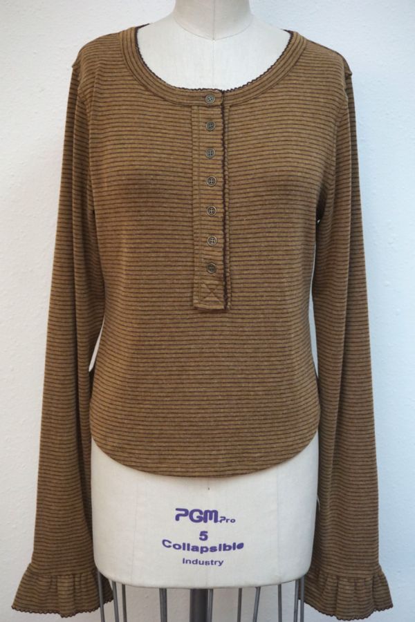 Lace Edge Pin Stripe Henley Top - Olive Brown