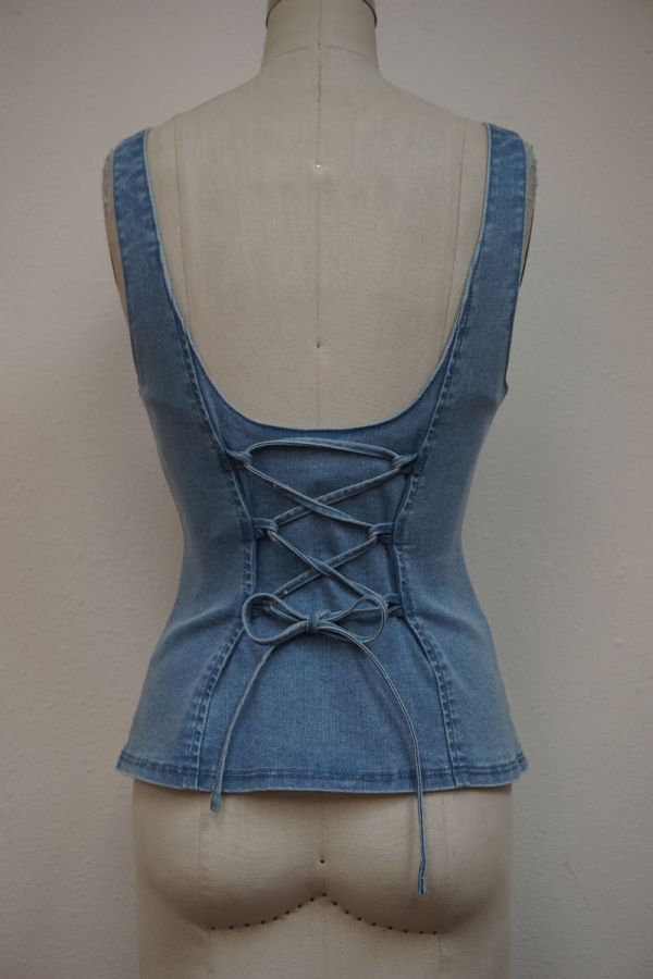 Button-down lace-up back-detailed denim apron top