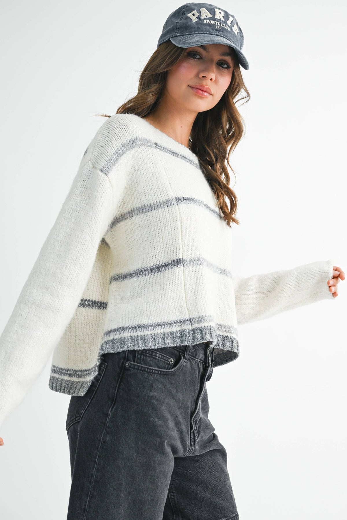 AEMI + CO Mona Striped Knit Pullover Sweater - White/Gray