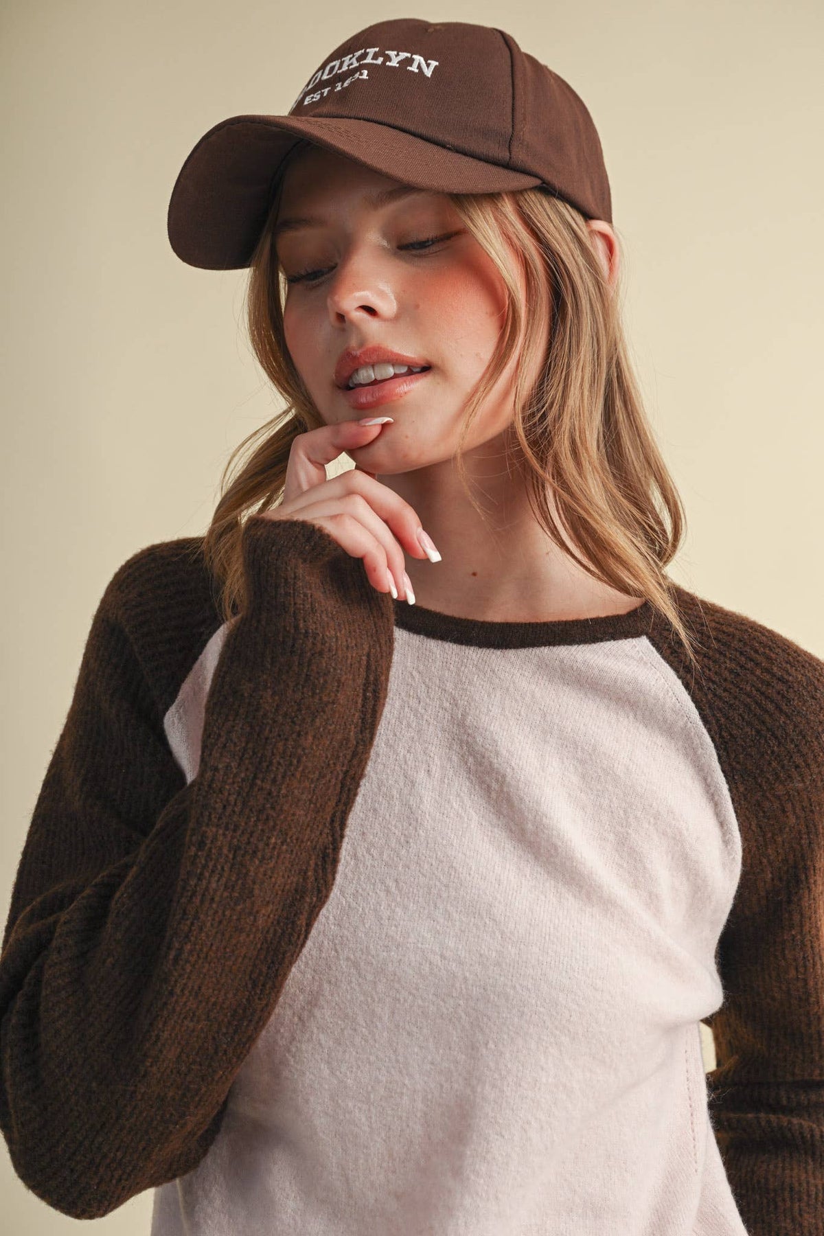 &MERCI Blue/White Sweater Knit Raglan Baseball Tee