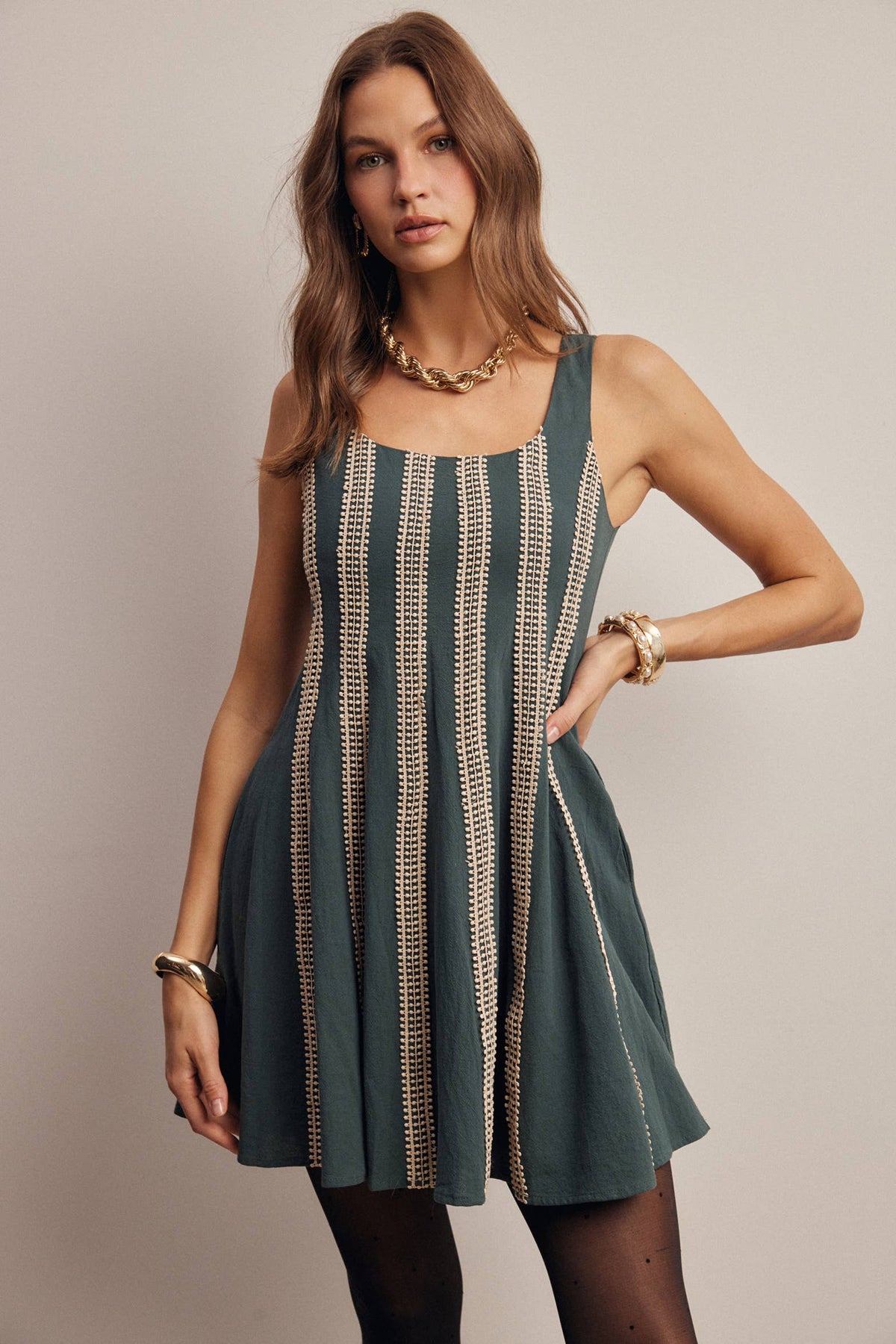 Forte Embroidered Stripe Fit & Flare Mini Dress - Dark Green