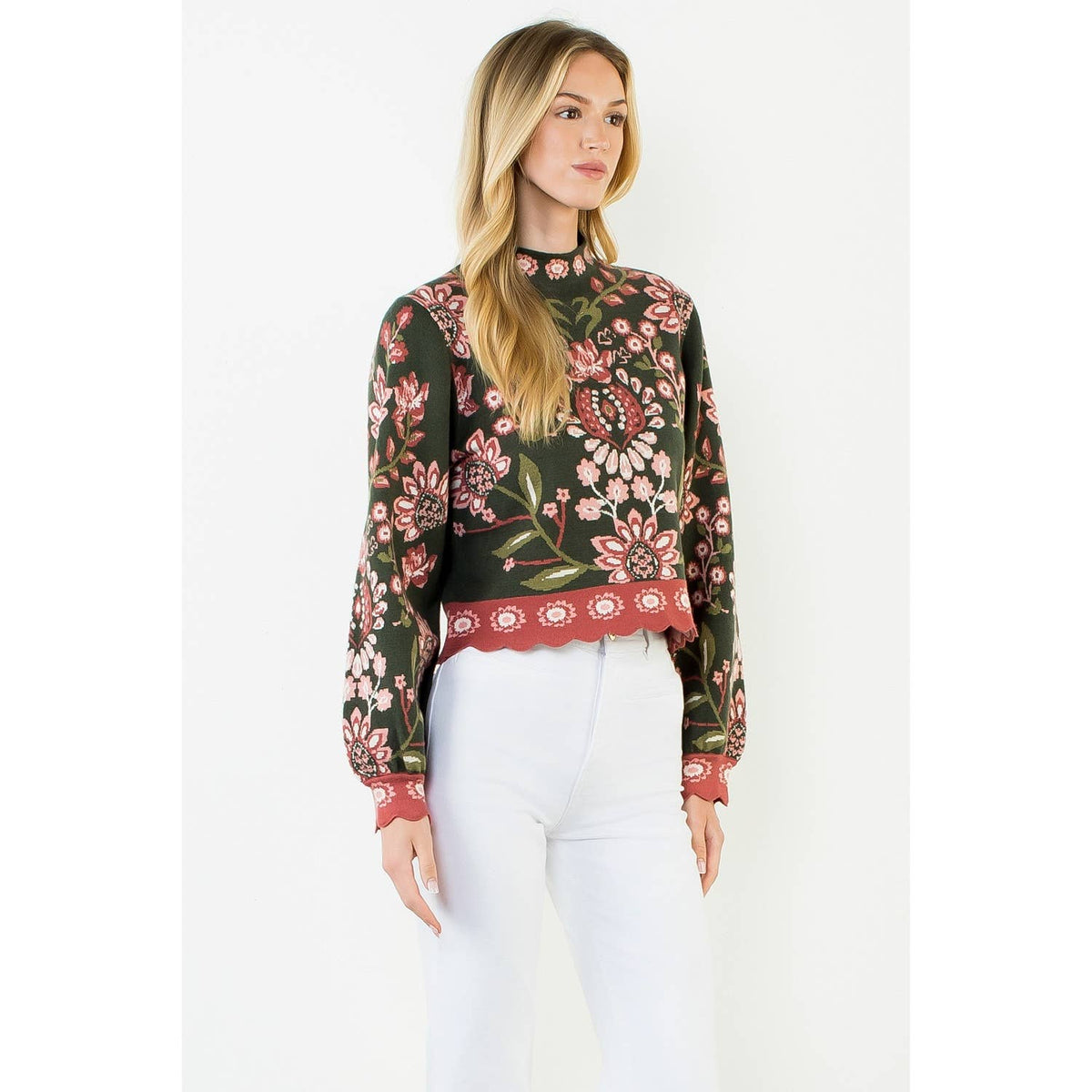 THML Olive High Neck Floral Sweater