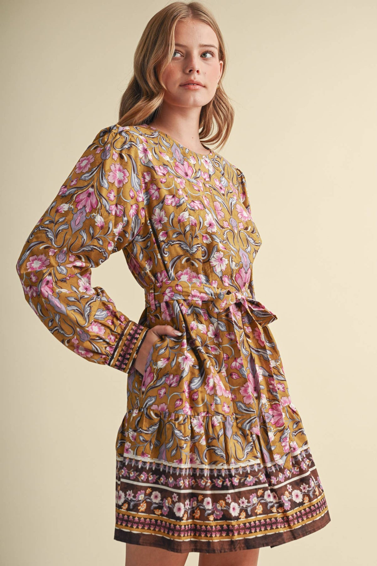 &MERCI Floral Border Print Belted Mini Dress - Brown/Olive Multi