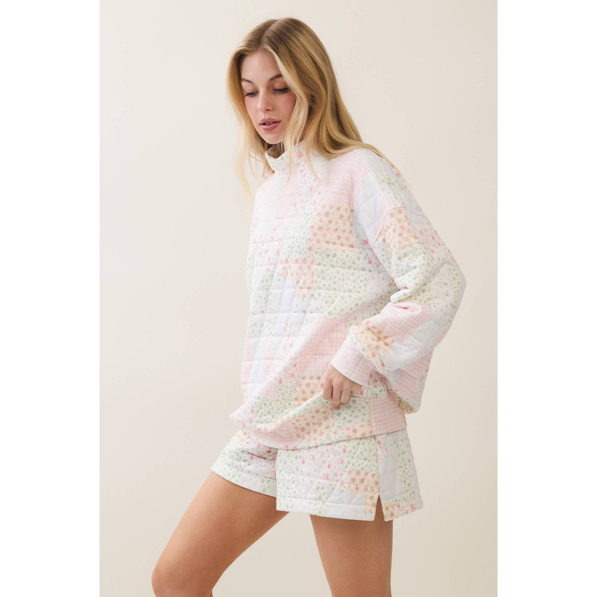 Veveret Pink Patchwork Quilted Mock Neck Pullover