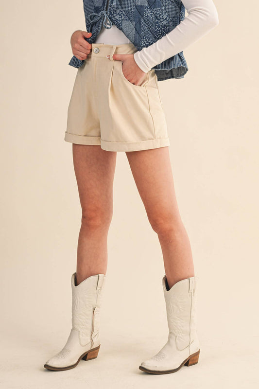 Ecru Faux Suede Cuffed Shorts