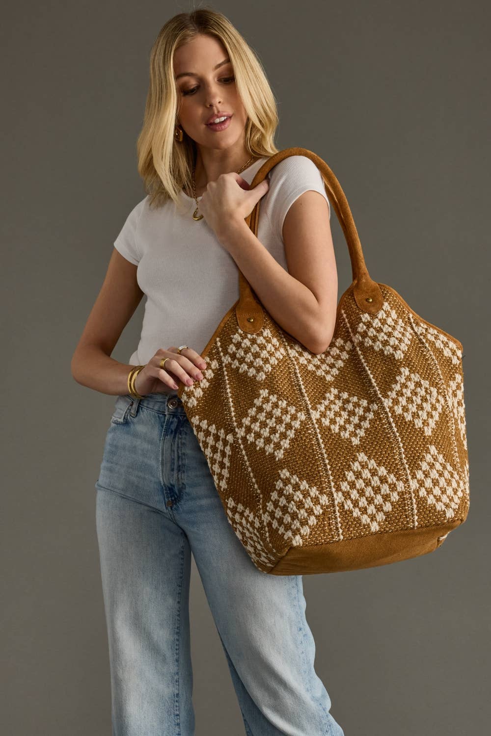 Brown & Cream Diamond-Pattern Tote