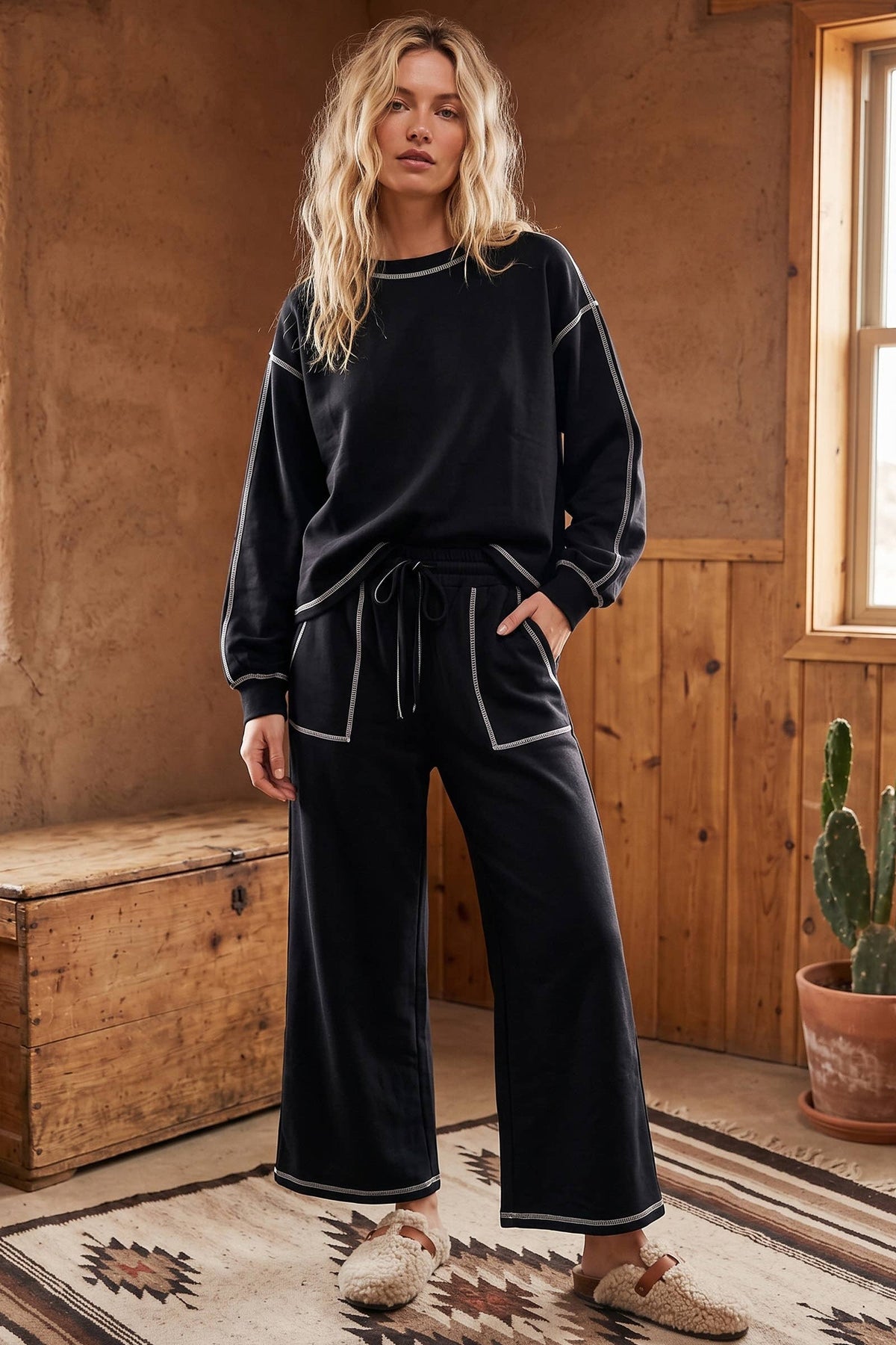Scuba Contrast-Stitch Pullover & Wide-Leg Pants Set - Black