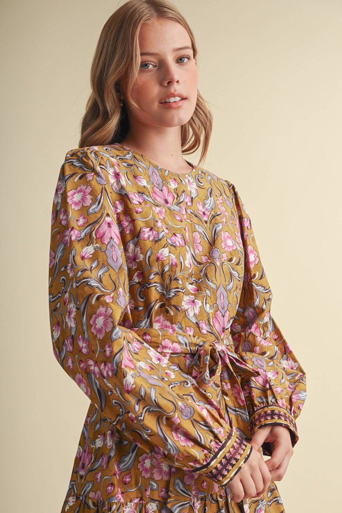 &MERCI Floral Border Print Belted Mini Dress - Brown/Olive Multi