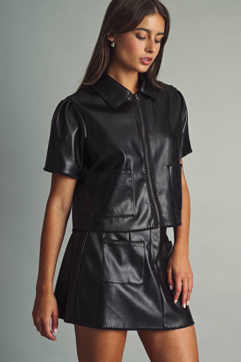 MIOU MUSE Faux Leather Stitch-Detail Mini Skirt - Black