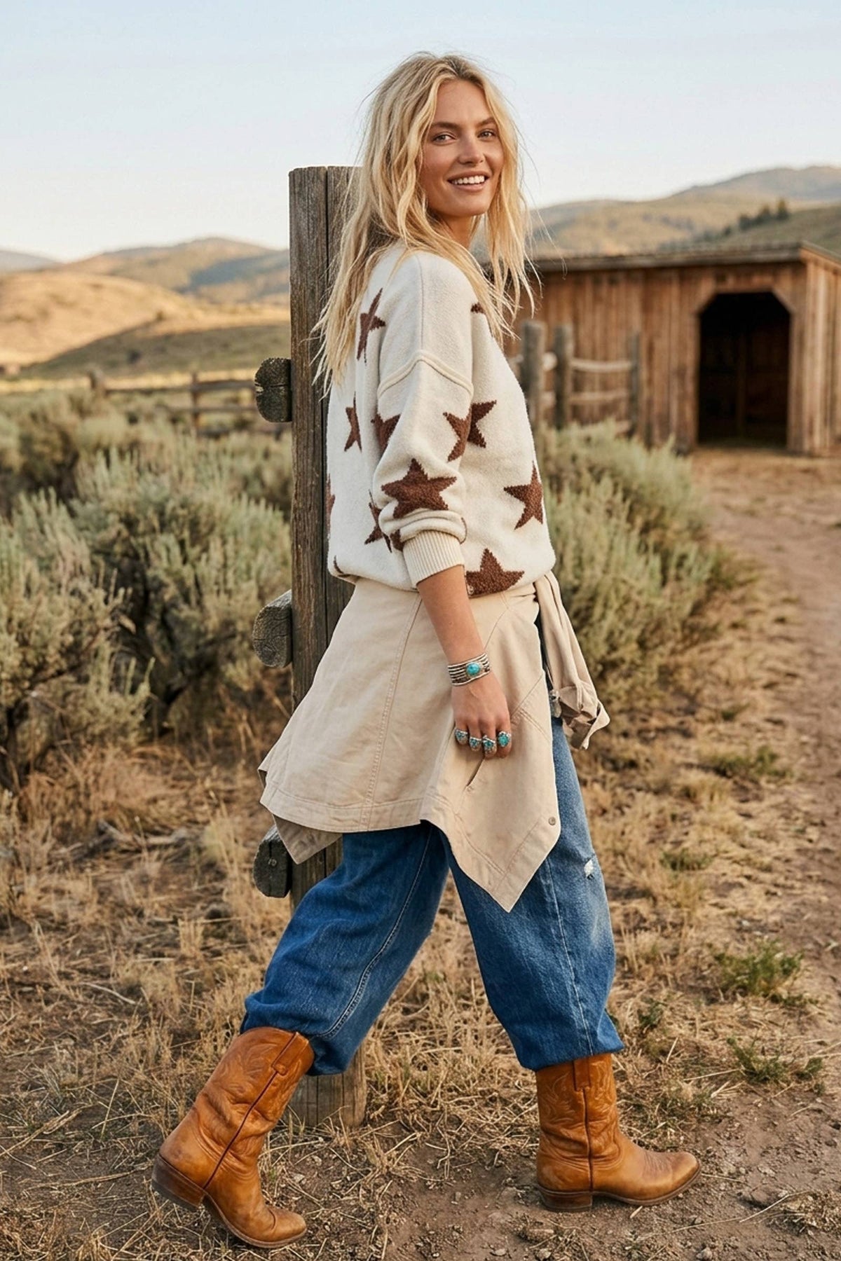 Sewn and Seen Oversized Star Knit Sweater - Ivory/Brown