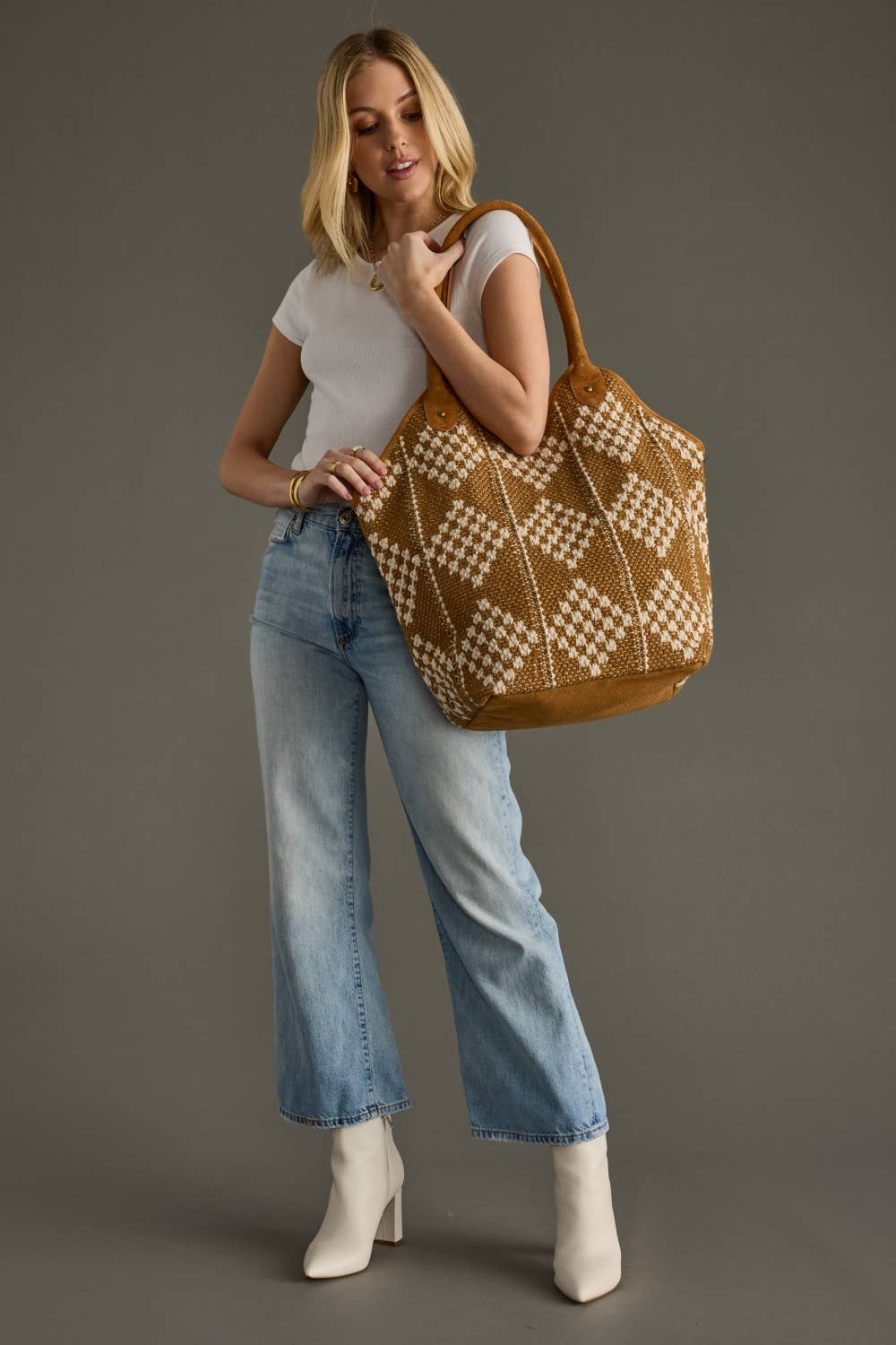 Brown & Cream Diamond-Pattern Tote