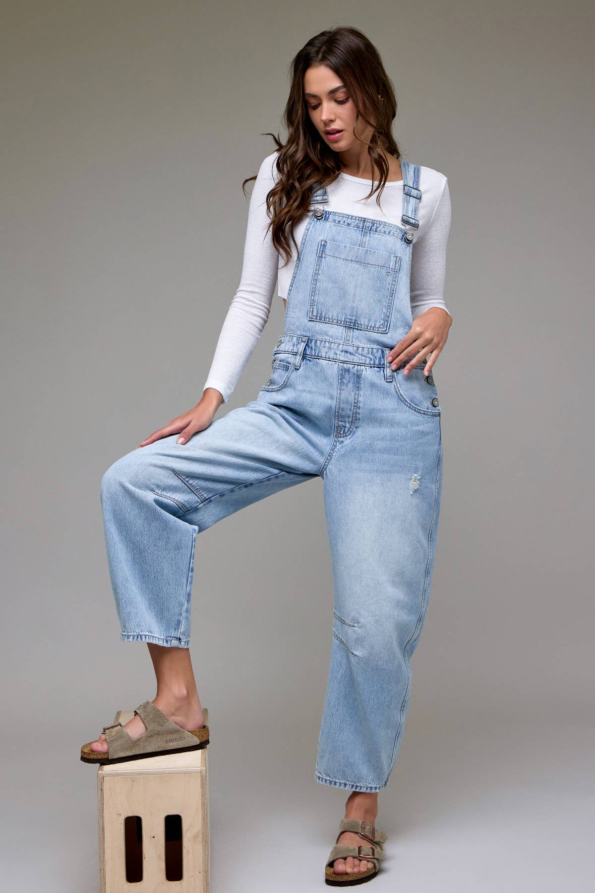 Light-Wash Cropped Barrel Overalls