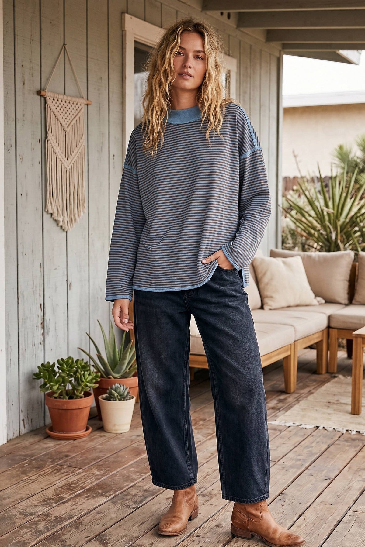Sewn and Seen Oversized Contrast Trim Striped Top - Taupe/Navy