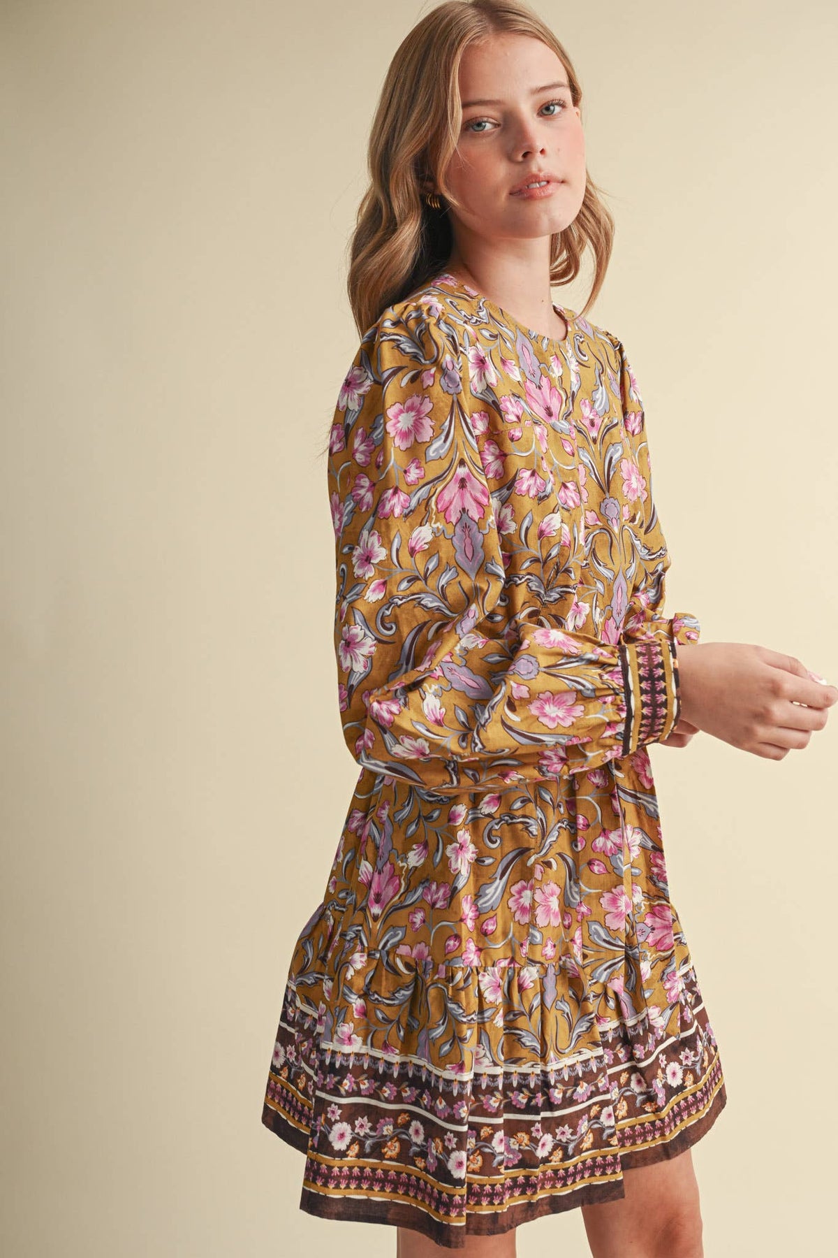 &MERCI Floral Border Print Belted Mini Dress - Brown/Olive Multi