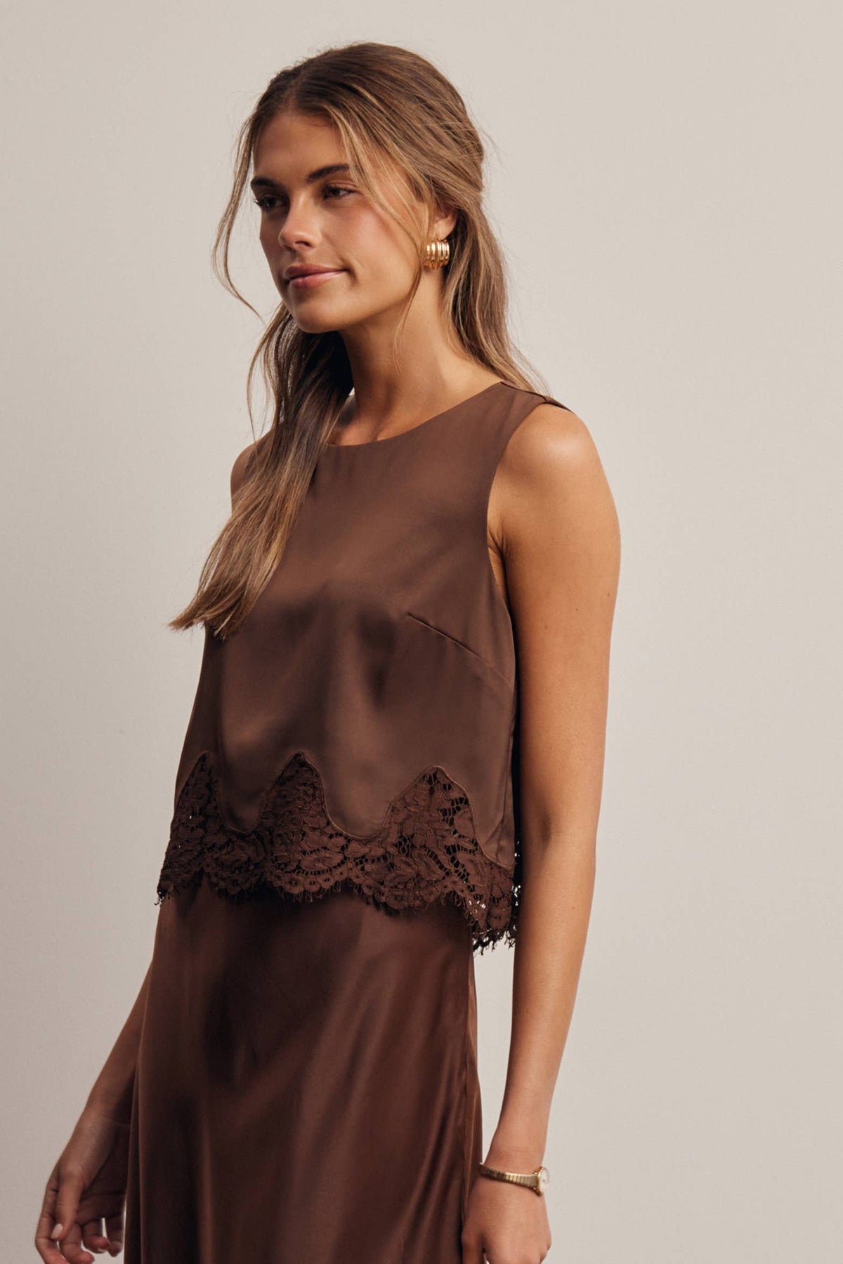 Forte Satin Lace-Hem Sleeveless Top - Slate Blue