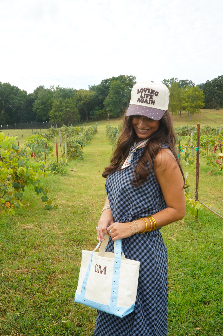 Loving Life Again - Brown & Blue Polka Dot Trucker Hat