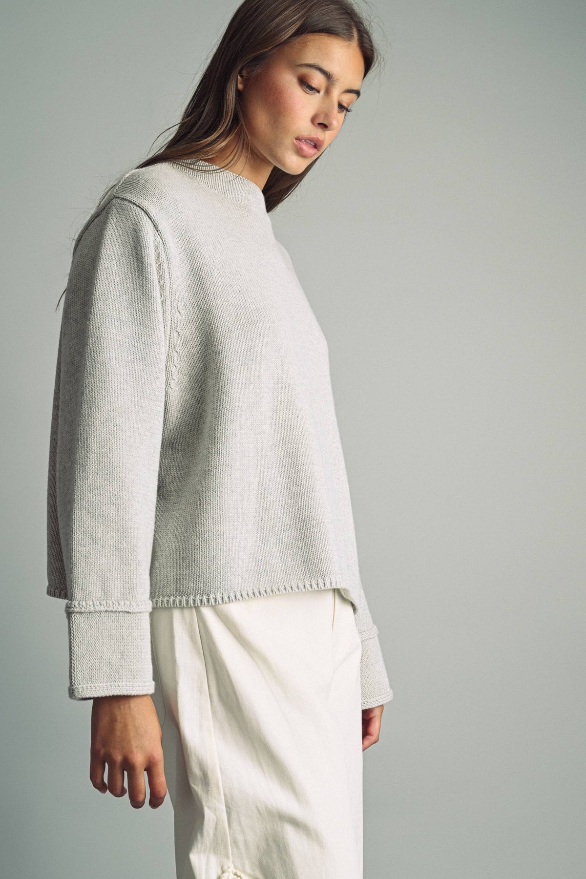 Heather Grey Striped Oversized Cotton Sweater Top