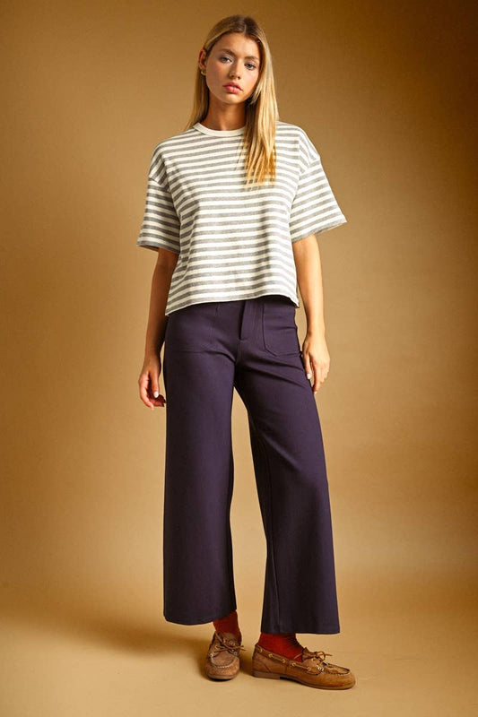 Heather Grey Bold-Stripe Cropped Short-Sleeve Top